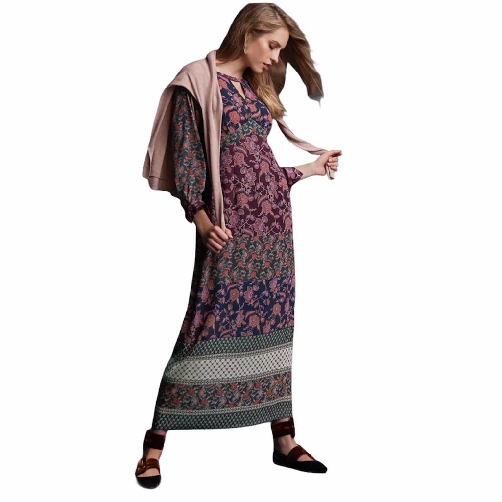 Cabi Maxi Dress Floral Print Bohemian V Neck Long Sleeve Women Size M